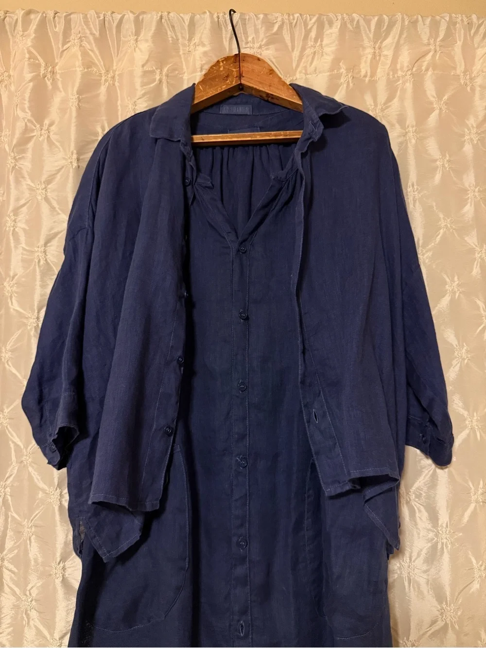 CP SHADES Navy Blue Linen Button Front 2-Piece Midi Shirtdress Dress Top Set